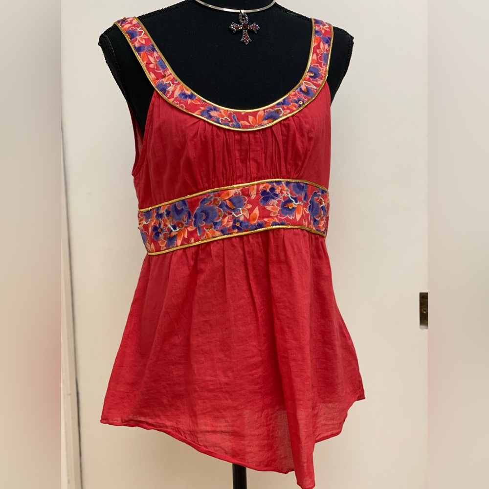 Top size S color Red with gold trimRN# 66170 made in India comes with free scarf
